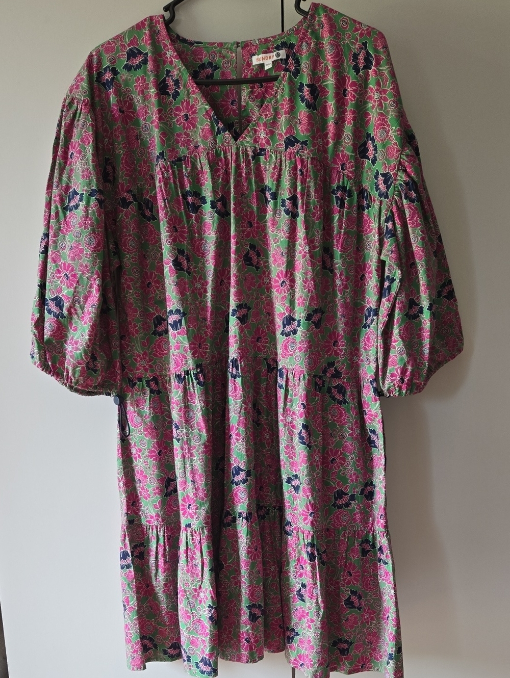 Sundry Pink & Green Floral Tiered Puff Sleeve Dress